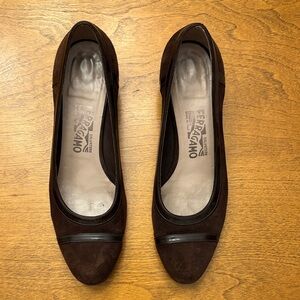 Salvatore Ferragamo Dark Brown Suede with Patent Trim Block Heel Pumps